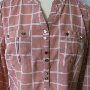 Notations Pink White Square Print Long Tab Roll Up Sleeve Blouse Size Small S